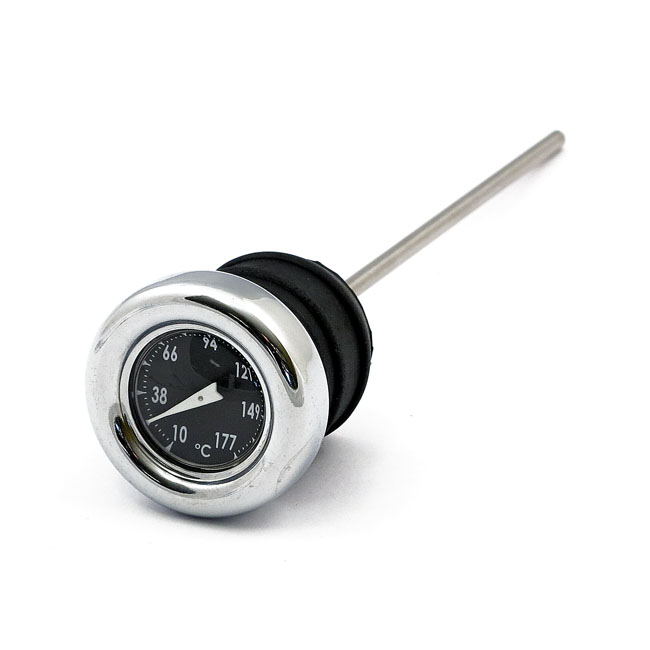907074 Oil tank dipstick with temperature gauge. Chrome black face