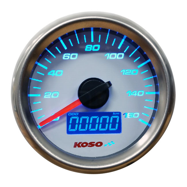 KOSO, D48 GP style speedometer. kmh / mph. White face Downtown